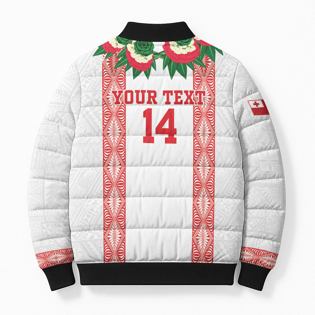 Mate Ma'a Tonga Rugby Custom Bomber Puffer Jacket Tongan Kahoa Lei Ngatu Pattern White