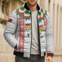 Mate Ma'a Tonga Rugby Custom Bomber Puffer Jacket Tongan Kahoa Lei Ngatu Pattern White