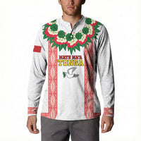 Mate Ma'a Tonga Rugby Custom Button Sweatshirt Tongan Kahoa Lei Ngatu Pattern White LT14 - Polynesian Pride