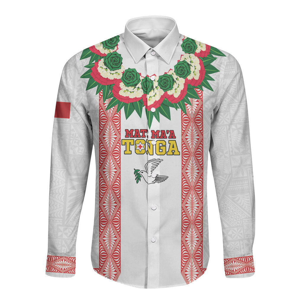 Mate Ma'a Tonga Rugby Custom Long Sleeve Button Shirt Tongan Kahoa Lei Ngatu Pattern White