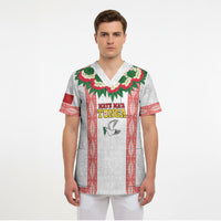 Mate Ma'a Tonga Rugby Custom Scrub Top Tongan Kahoa Lei Ngatu Pattern White