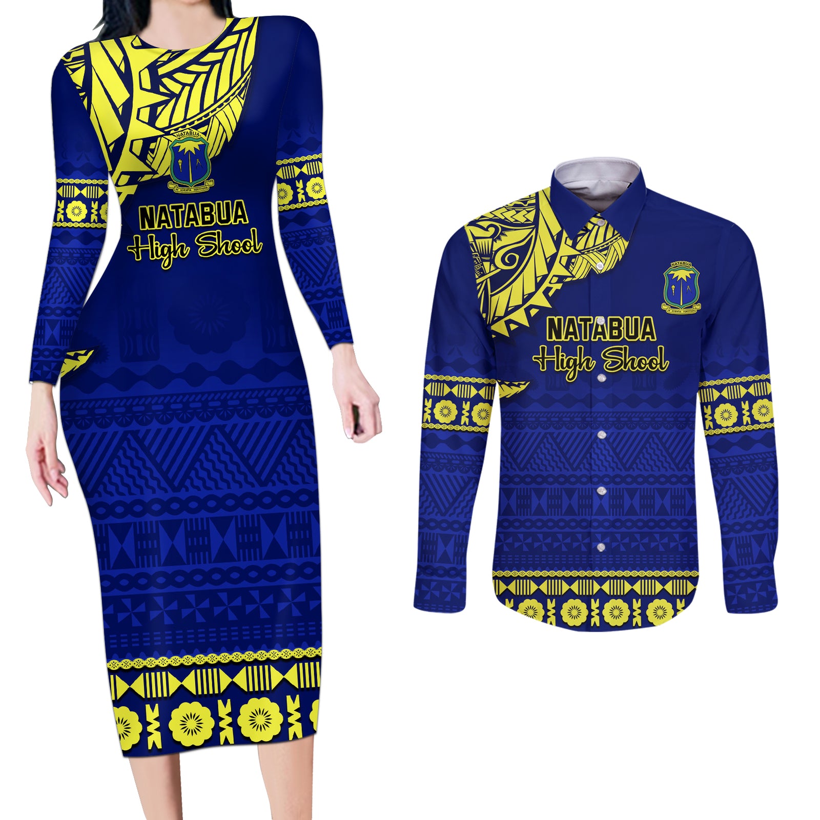 Personalised Fiji Natabua High School Couples Matching Long Sleeve Bodycon Dress and Long Sleeve Button Shirt Fijian Tapa Pattern LT14 Blue - Polynesian Pride