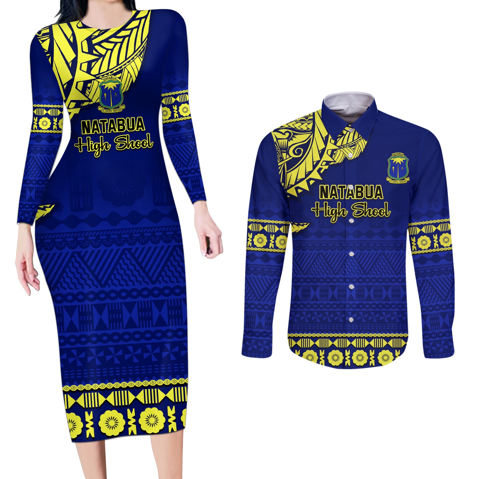 Personalised Fiji Natabua High School Couples Matching Long Sleeve Bodycon Dress and Long Sleeve Button Shirt Fijian Tapa Pattern LT14 Blue - Polynesian Pride