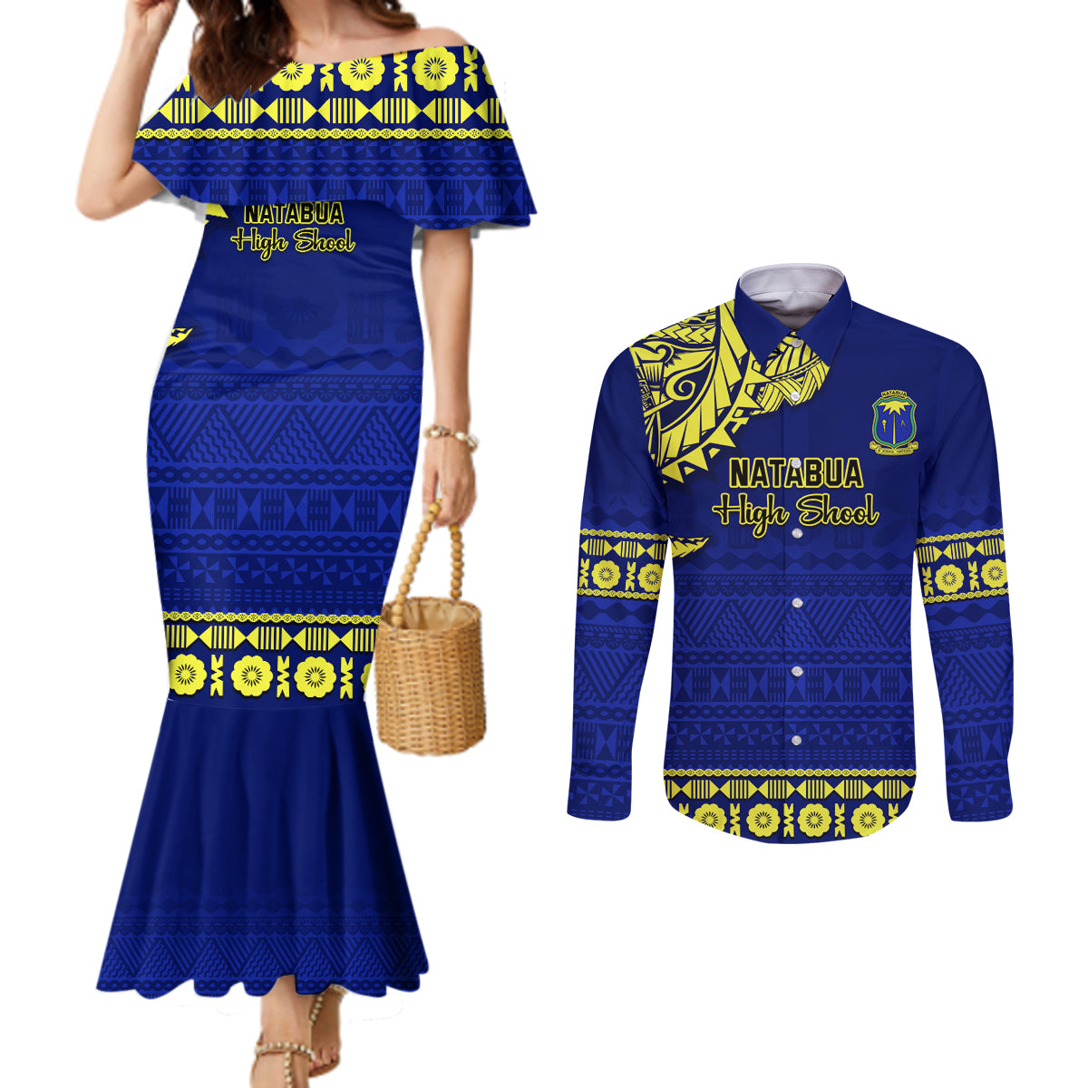 Personalised Fiji Natabua High School Couples Matching Mermaid Dress and Long Sleeve Button Shirt Fijian Tapa Pattern LT14 Blue - Polynesian Pride