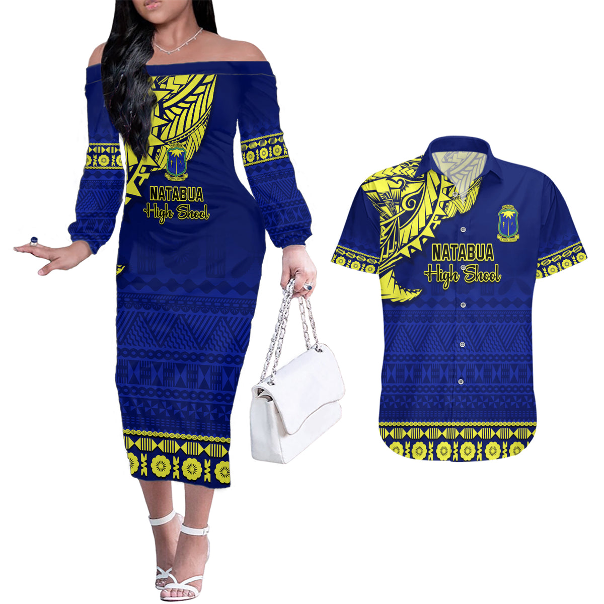 Personalised Fiji Natabua High School Couples Matching Off The Shoulder Long Sleeve Dress and Hawaiian Shirt Fijian Tapa Pattern LT14 Blue - Polynesian Pride