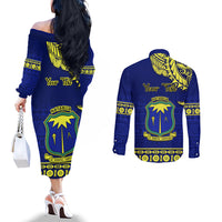 Personalised Fiji Natabua High School Couples Matching Off The Shoulder Long Sleeve Dress and Long Sleeve Button Shirt Fijian Tapa Pattern LT14 - Polynesian Pride