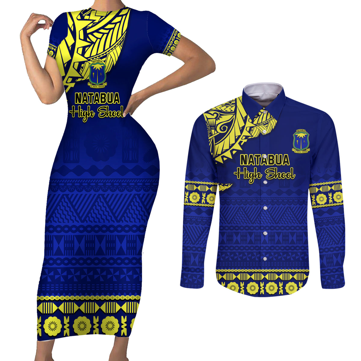 Personalised Fiji Natabua High School Couples Matching Short Sleeve Bodycon Dress and Long Sleeve Button Shirt Fijian Tapa Pattern LT14 Blue - Polynesian Pride