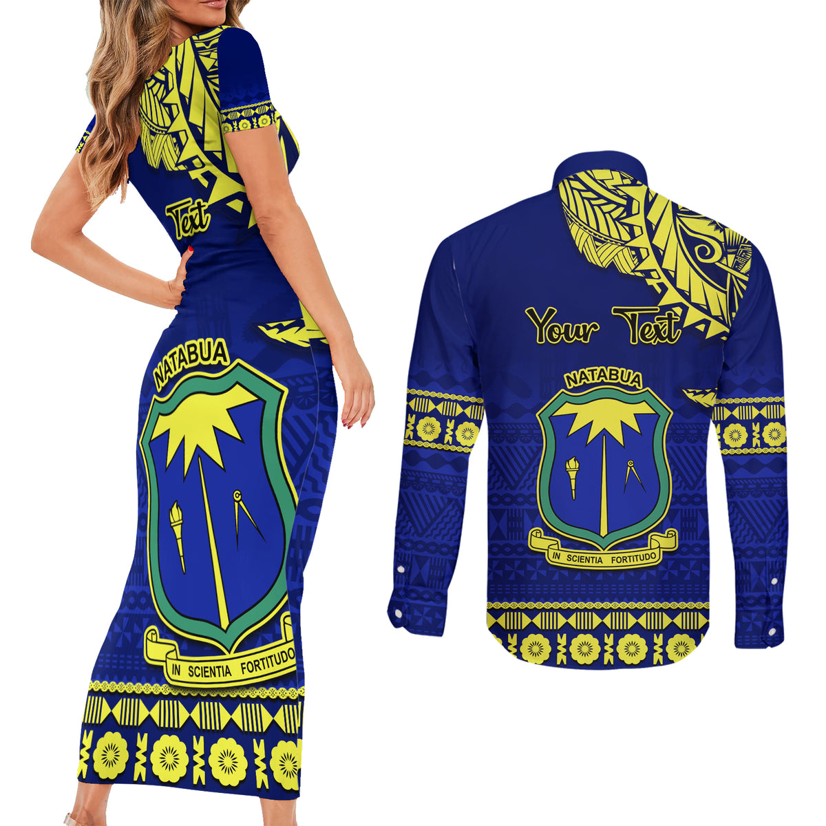 Personalised Fiji Natabua High School Couples Matching Short Sleeve Bodycon Dress and Long Sleeve Button Shirt Fijian Tapa Pattern LT14 - Polynesian Pride
