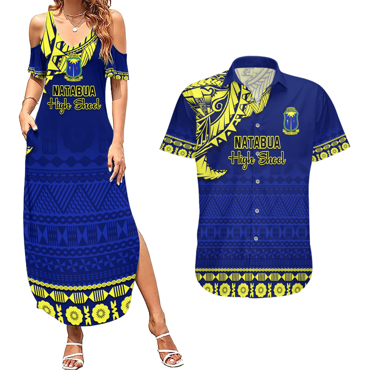 Personalised Fiji Natabua High School Couples Matching Summer Maxi Dress and Hawaiian Shirt Fijian Tapa Pattern LT14 Blue - Polynesian Pride