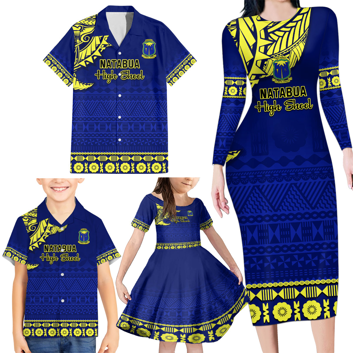 Personalised Fiji Natabua High School Family Matching Long Sleeve Bodycon Dress and Hawaiian Shirt Fijian Tapa Pattern LT14 - Polynesian Pride