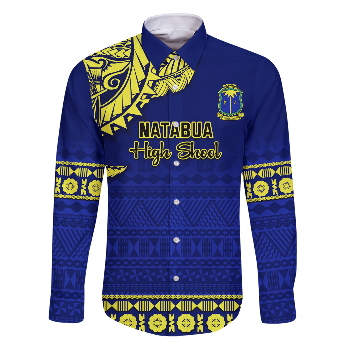 Personalised Fiji Natabua High School Family Matching Long Sleeve Bodycon Dress and Hawaiian Shirt Fijian Tapa Pattern LT14 Dad's Shirt - Long Sleeve Blue - Polynesian Pride