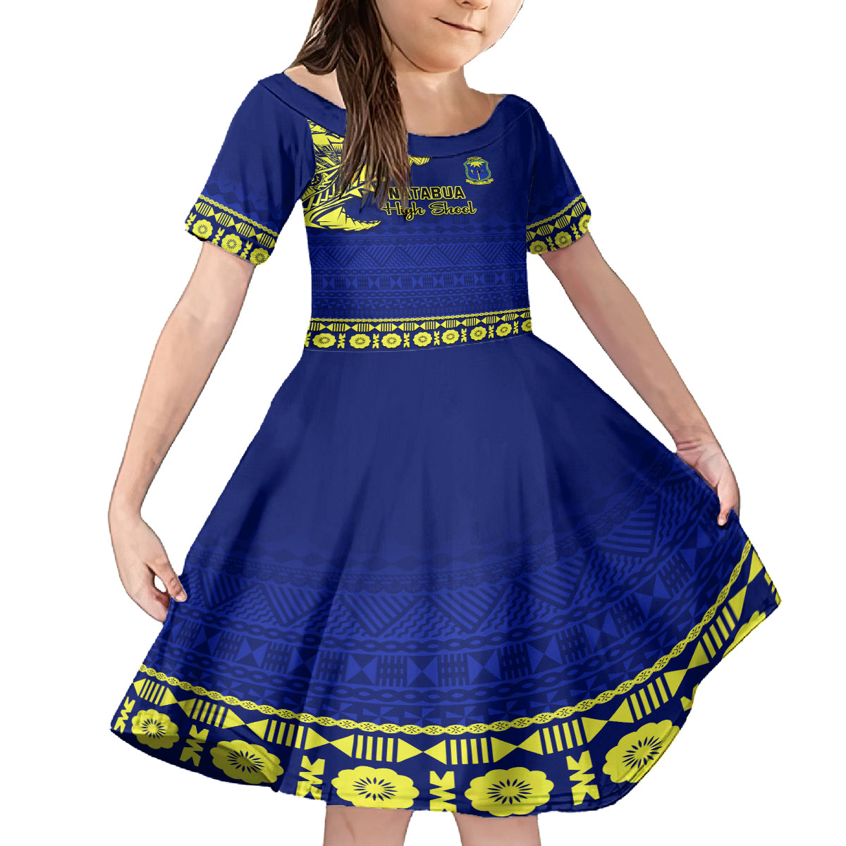 Personalised Fiji Natabua High School Family Matching Summer Maxi Dress and Hawaiian Shirt Fijian Tapa Pattern LT14 Daughter's Dress Blue - Polynesian Pride