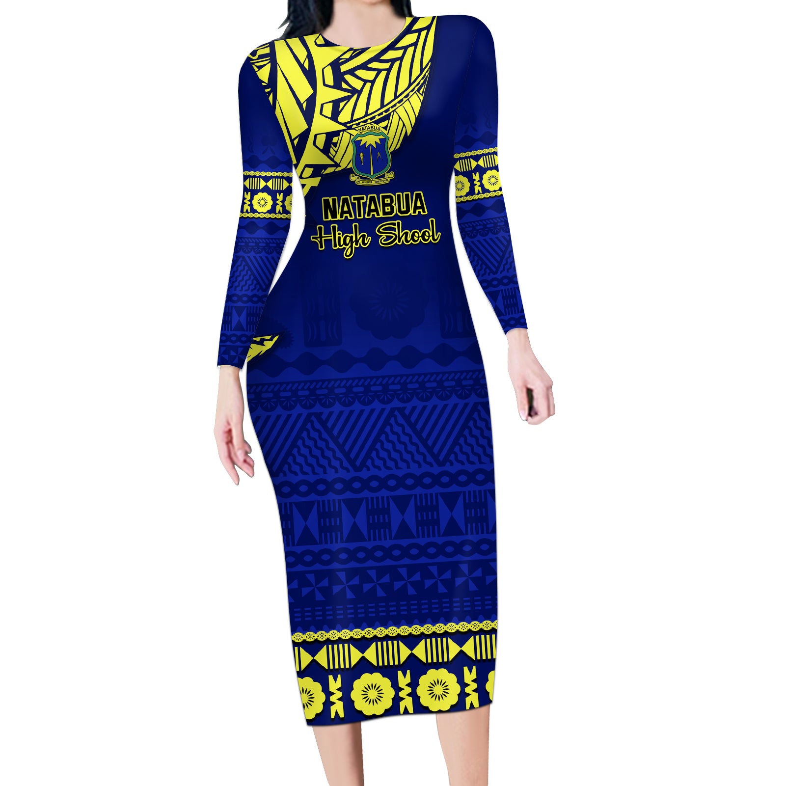 Personalised Fiji Natabua High School Long Sleeve Bodycon Dress Fijian Tapa Pattern LT14 Long Dress Blue - Polynesian Pride