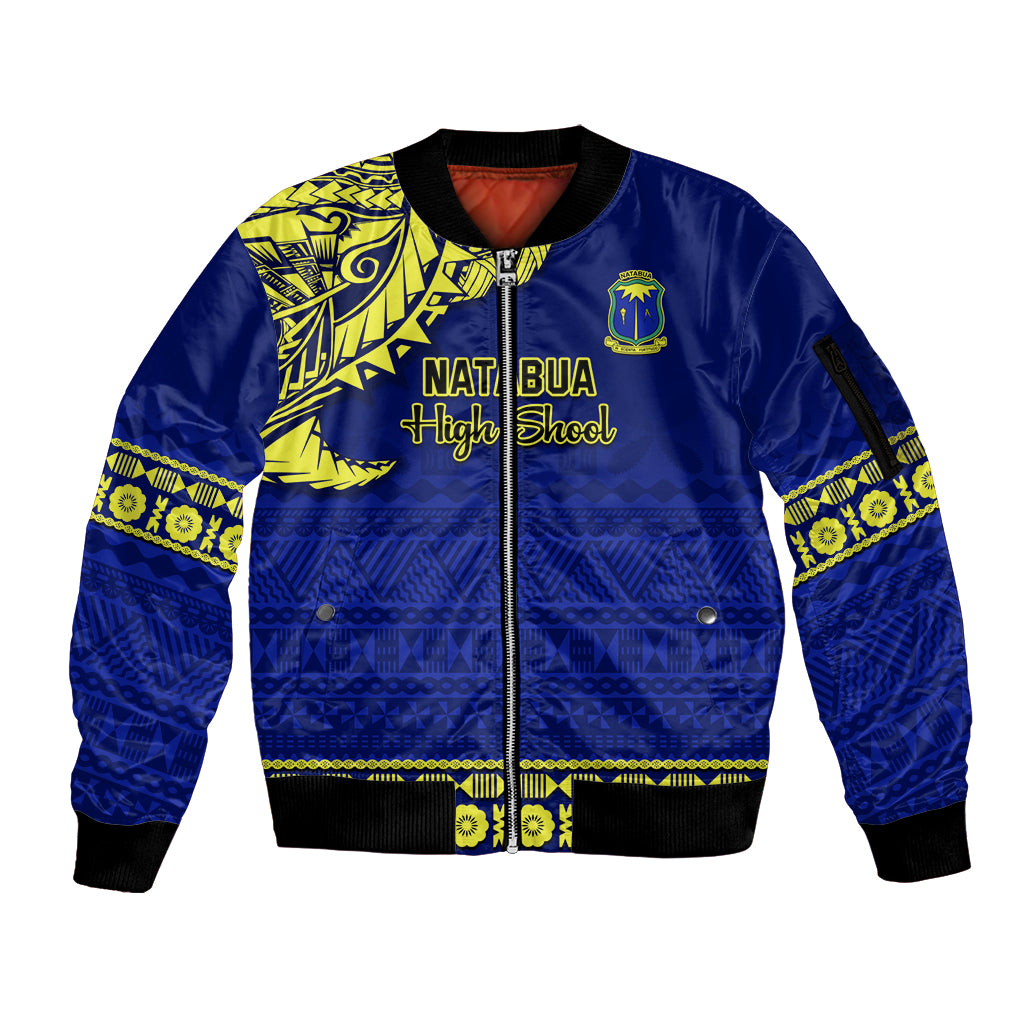 Personalised Fiji Natabua High School Sleeve Zip Bomber Jacket Fijian Tapa Pattern LT14 Unisex Blue - Polynesian Pride