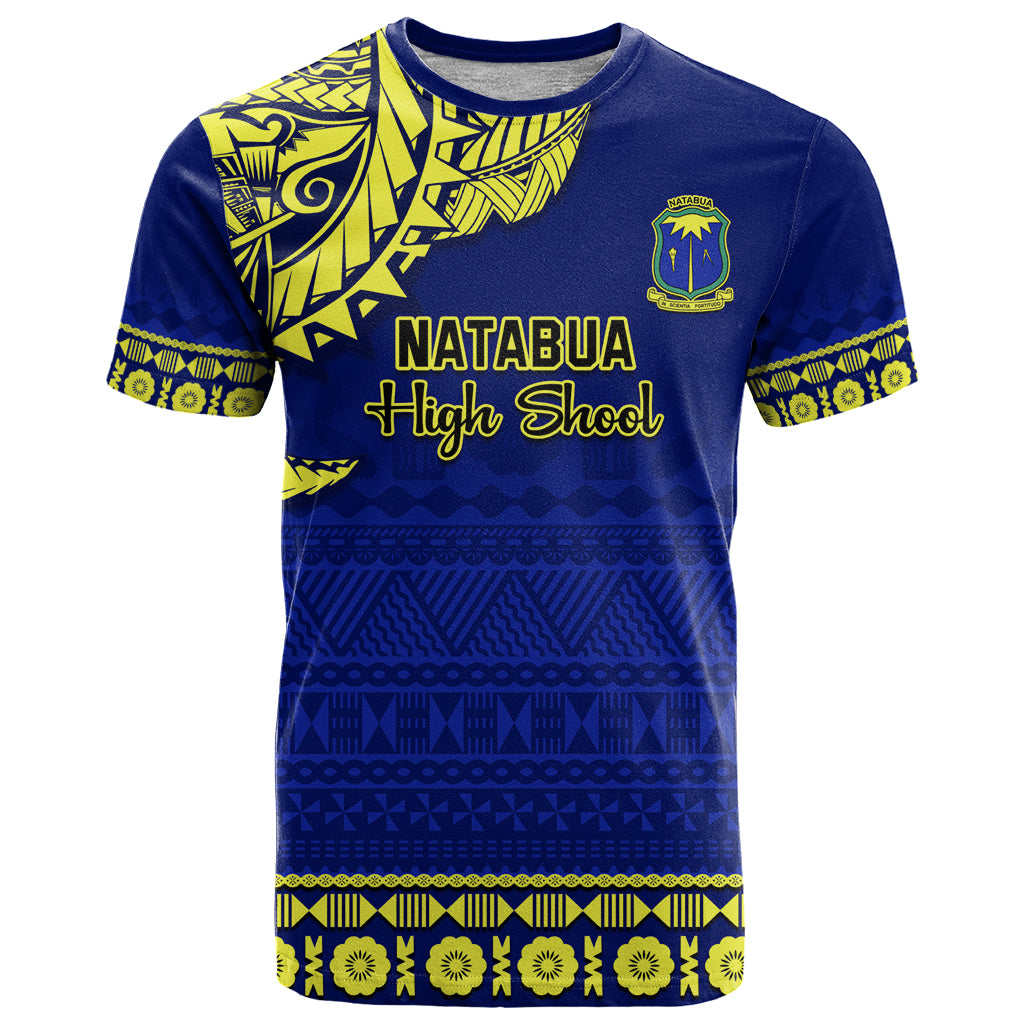 Personalised Fiji Natabua High School T Shirt Fijian Tapa Pattern LT14 Blue - Polynesian Pride