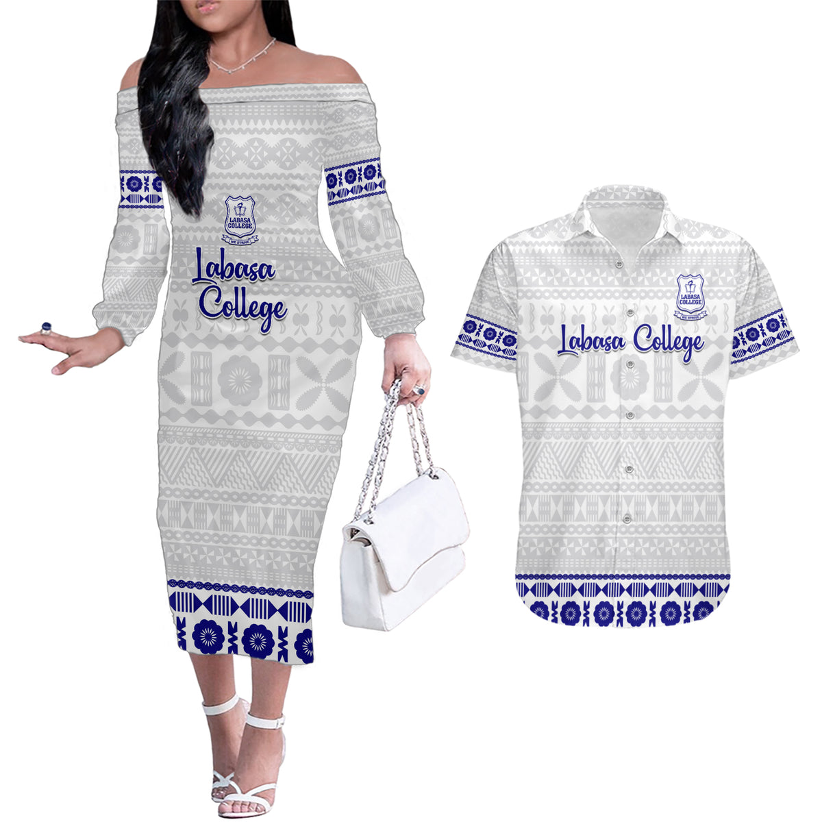Personalised Fiji Labasa College Couples Matching Off The Shoulder Long Sleeve Dress and Hawaiian Shirt Fijian Tapa Pattern LT14 White - Polynesian Pride
