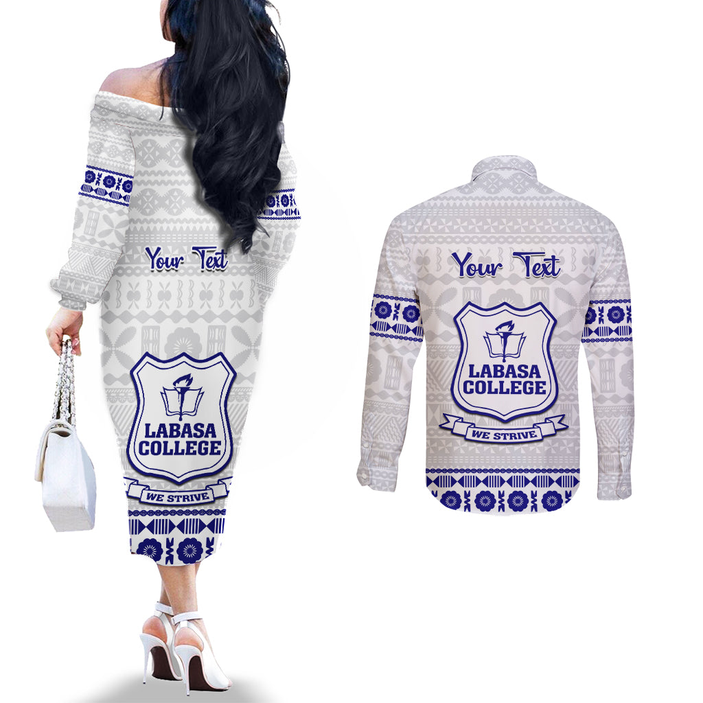 Personalised Fiji Labasa College Couples Matching Off The Shoulder Long Sleeve Dress and Long Sleeve Button Shirt Fijian Tapa Pattern LT14 - Polynesian Pride