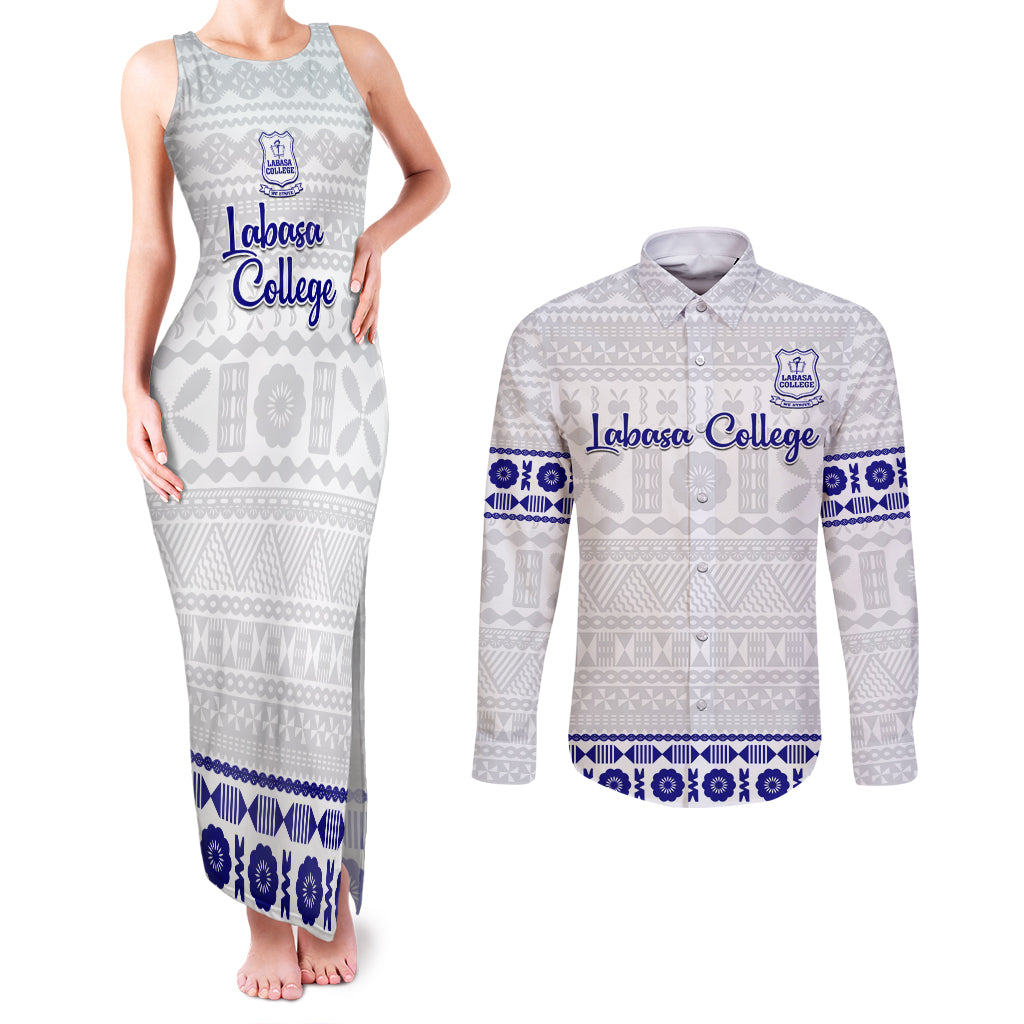 Personalised Fiji Labasa College Couples Matching Tank Maxi Dress and Long Sleeve Button Shirt Fijian Tapa Pattern LT14 White - Polynesian Pride