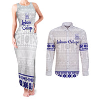 Personalised Fiji Labasa College Couples Matching Tank Maxi Dress and Long Sleeve Button Shirt Fijian Tapa Pattern LT14 White - Polynesian Pride