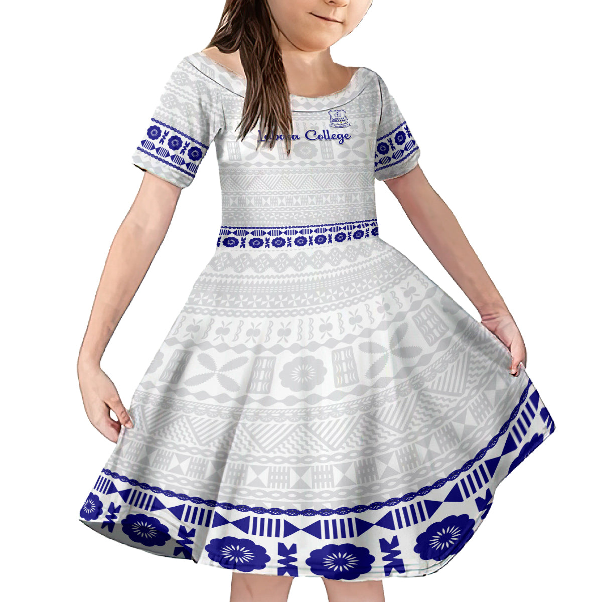Personalised Fiji Labasa College Family Matching Summer Maxi Dress and Hawaiian Shirt Fijian Tapa Pattern LT14 Daughter's Dress White - Polynesian Pride