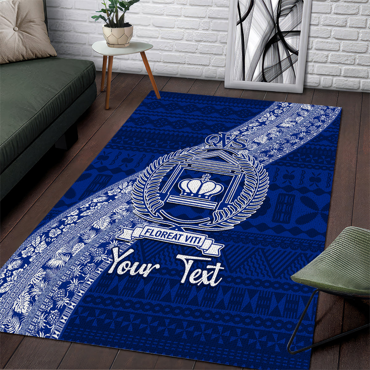 Personalised Fiji Queen Victoria School Area Rug Fijian Tapa Pattern LT14 Blue - Polynesian Pride