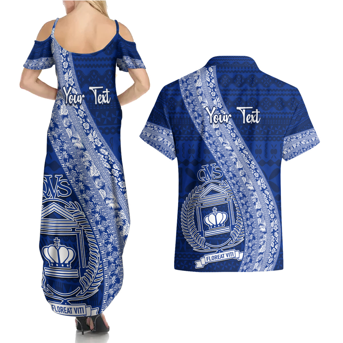 Personalised Fiji Queen Victoria School Couples Matching Summer Maxi Dress and Hawaiian Shirt Fijian Tapa Pattern LT14 - Polynesian Pride