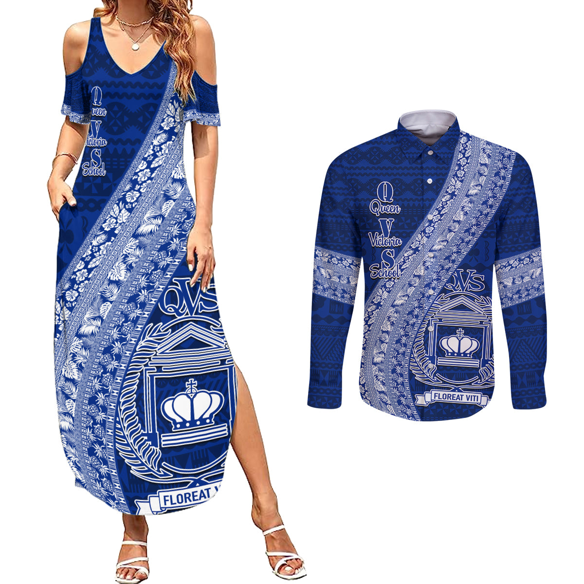 Personalised Fiji Queen Victoria School Couples Matching Summer Maxi Dress and Long Sleeve Button Shirt Fijian Tapa Pattern LT14 Blue - Polynesian Pride