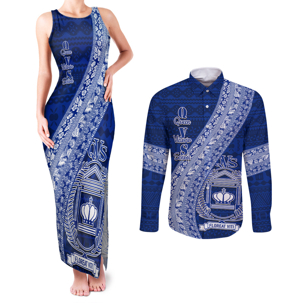 Personalised Fiji Queen Victoria School Couples Matching Tank Maxi Dress and Long Sleeve Button Shirt Fijian Tapa Pattern LT14 Blue - Polynesian Pride