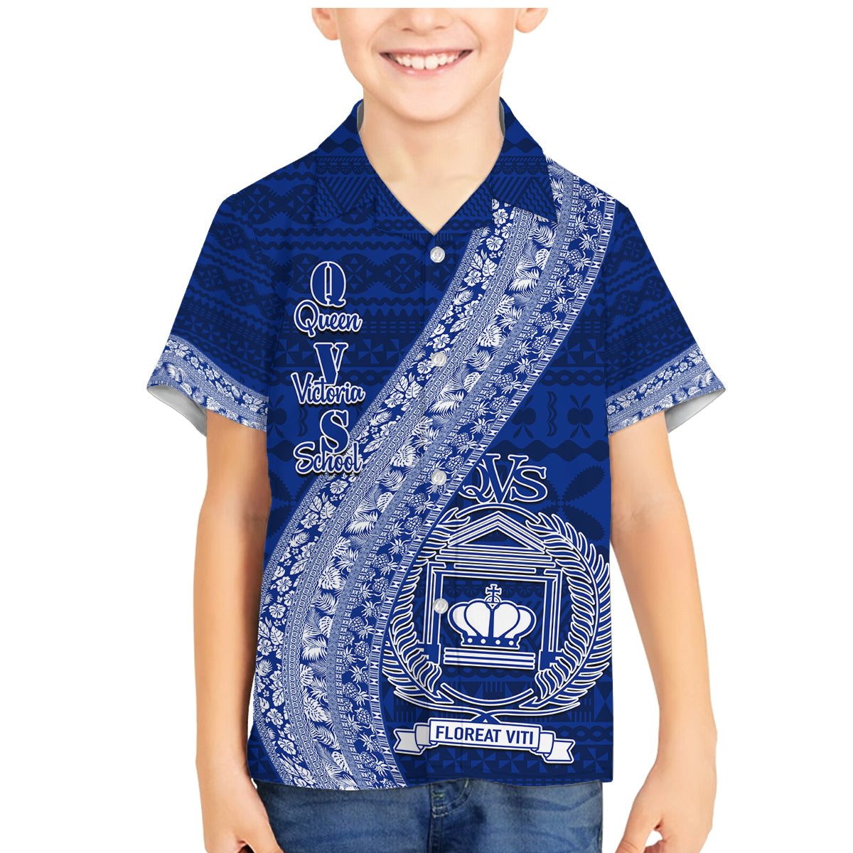 Personalised Fiji Queen Victoria School Family Matching Mermaid Dress and Hawaiian Shirt Fijian Tapa Pattern LT14 Son's Shirt Blue - Polynesian Pride