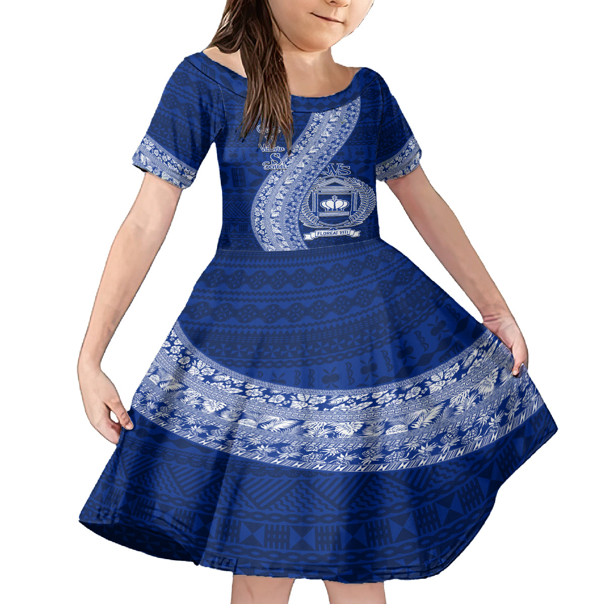 Personalised Fiji Queen Victoria School Family Matching Puletasi Dress and Hawaiian Shirt Fijian Tapa Pattern LT14 Daughter's Dress Blue - Polynesian Pride