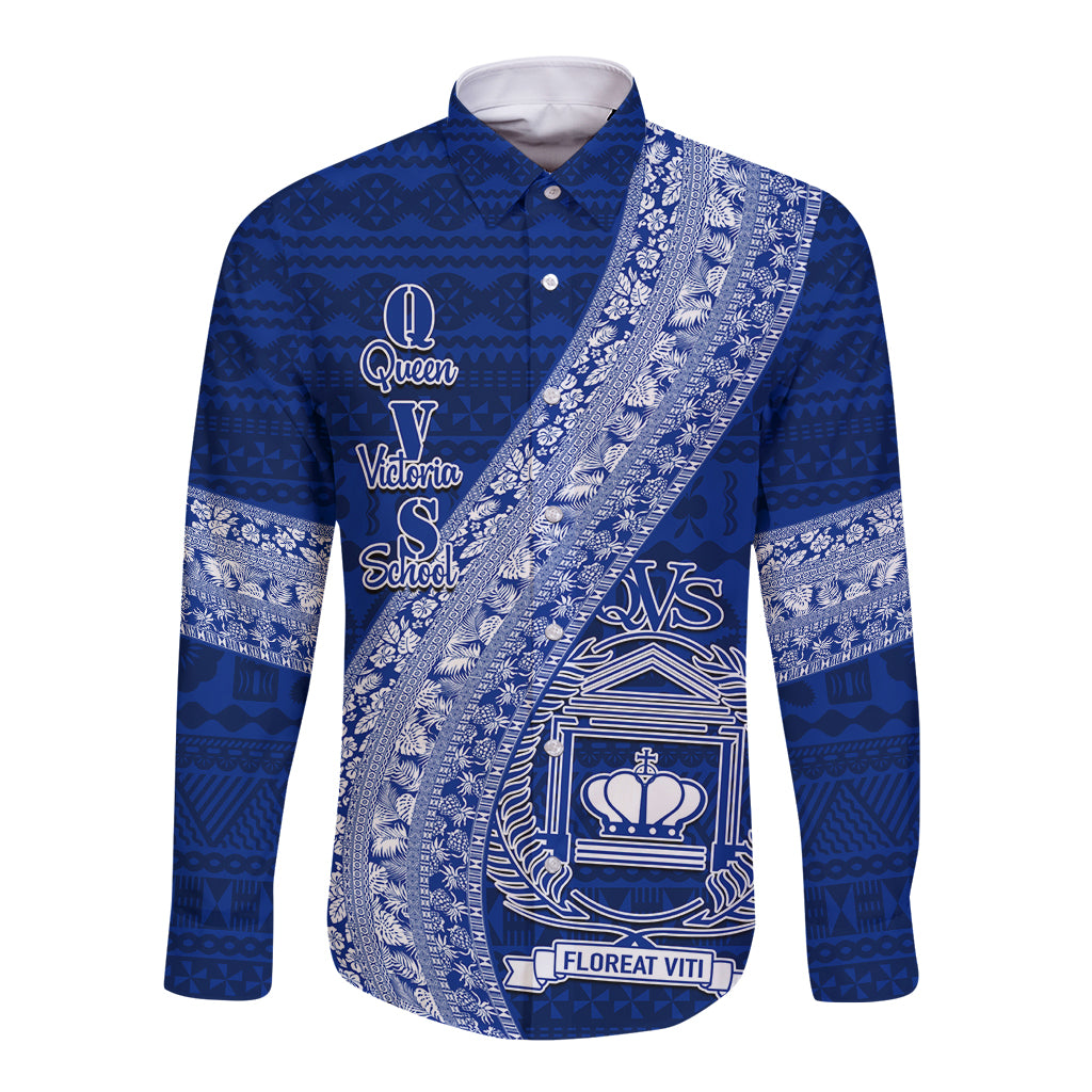 Personalised Fiji Queen Victoria School Long Sleeve Button Shirt Fijian Tapa Pattern LT14 Unisex Blue - Polynesian Pride