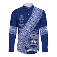 Personalised Fiji Queen Victoria School Long Sleeve Button Shirt Fijian Tapa Pattern LT14 Unisex Blue - Polynesian Pride
