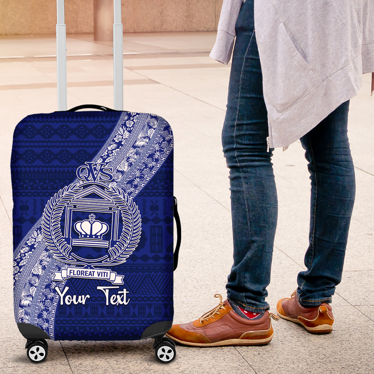 Personalised Fiji Queen Victoria School Luggage Cover Fijian Tapa Pattern LT14 Blue - Polynesian Pride