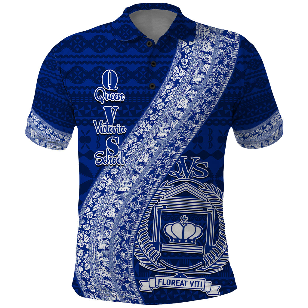 Personalised Fiji Queen Victoria School Polo Shirt Fijian Tapa Pattern LT14 Blue - Polynesian Pride