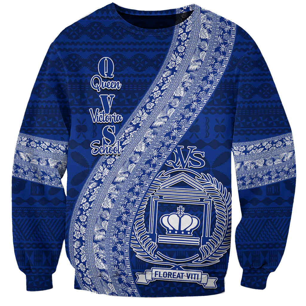 Personalised Fiji Queen Victoria School Sweatshirt Fijian Tapa Pattern LT14 Unisex Blue - Polynesian Pride