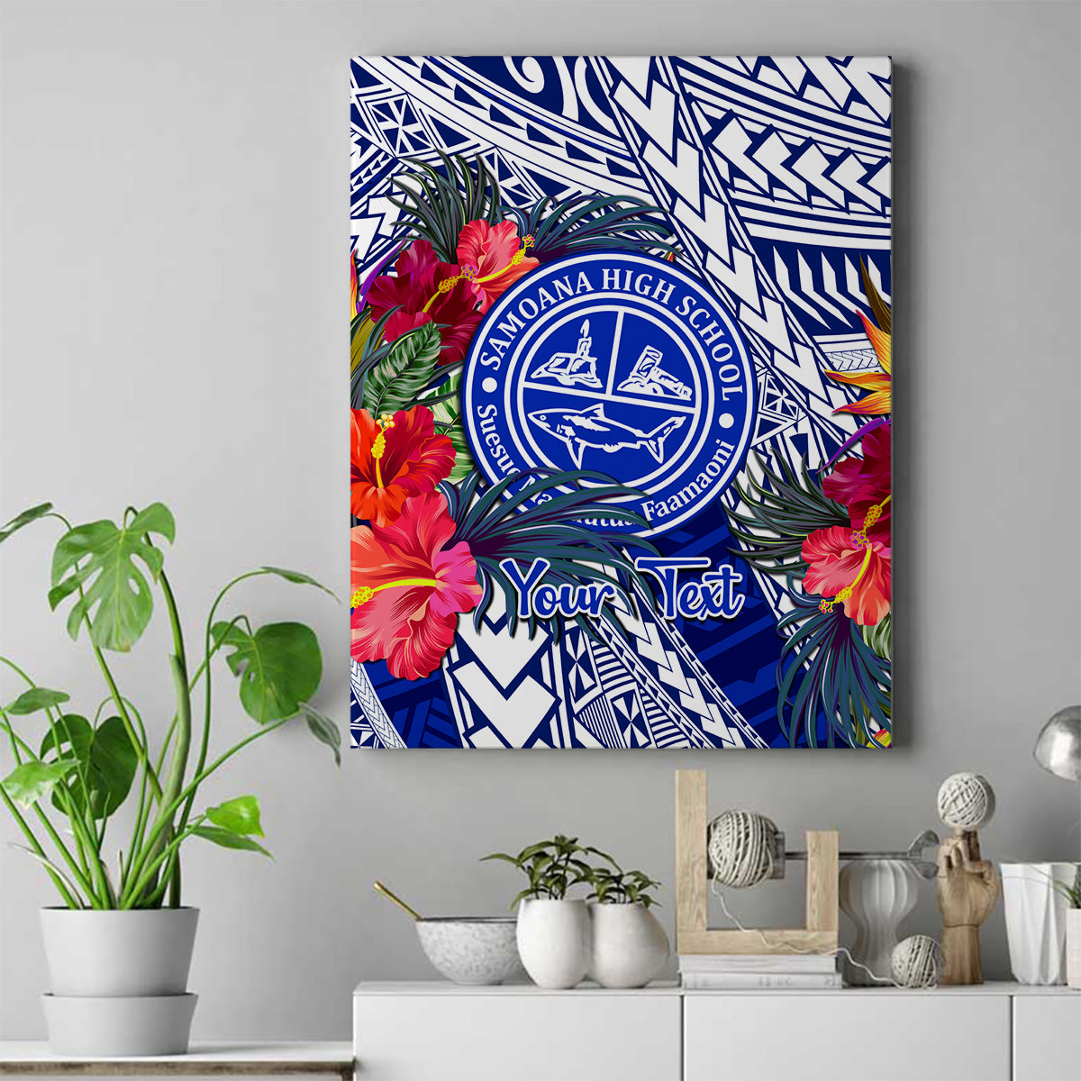 Personalised Samoana High School Canvas Wall Art American Samoa Schools Polynesian Tropical Flowers LT14 Blue - Polynesian Pride