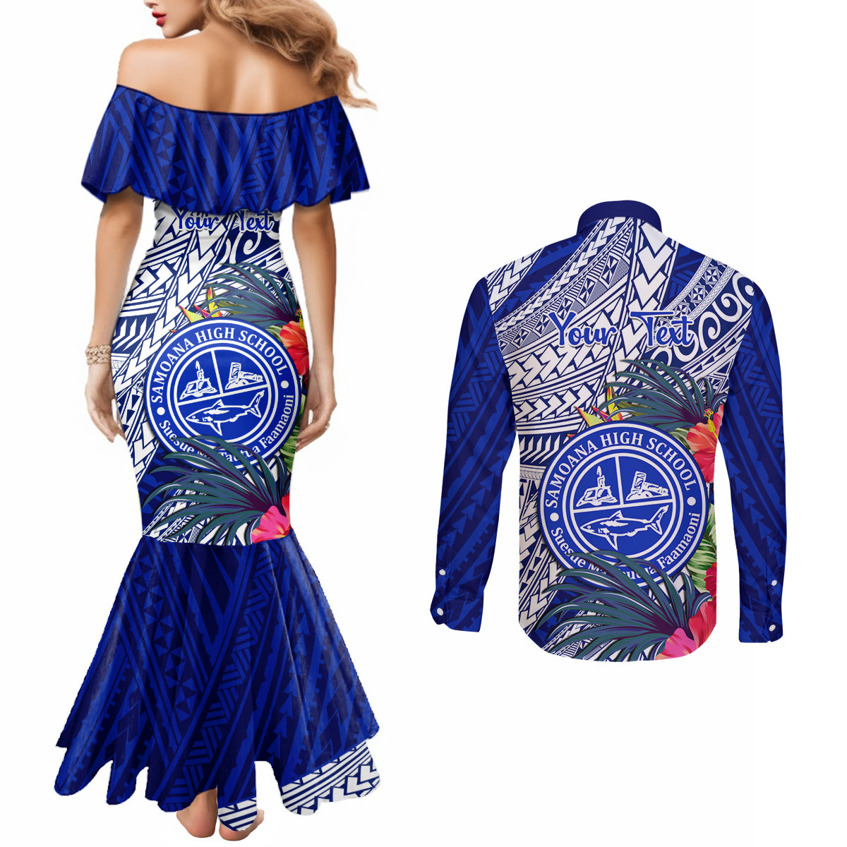 Personalised Samoana High School Couples Matching Mermaid Dress and Long Sleeve Button Shirt American Samoa Schools Polynesian Tropical Flowers LT14 - Polynesian Pride