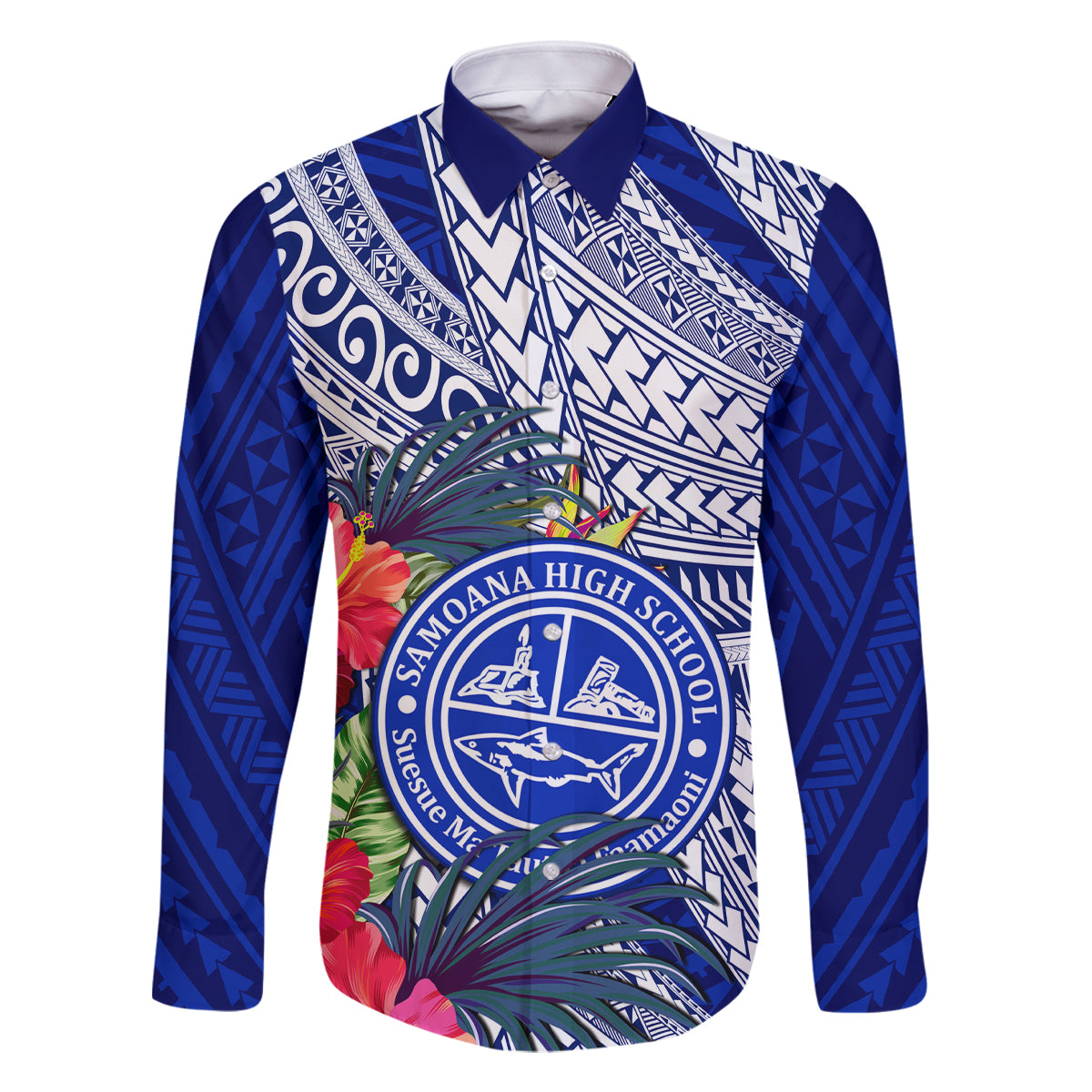 Personalised Samoana High School Family Matching Mermaid Dress and Hawaiian Shirt American Samoa Schools Polynesian Tropical Flowers LT14 Dad's Shirt - Long Sleeve Blue - Polynesian Pride