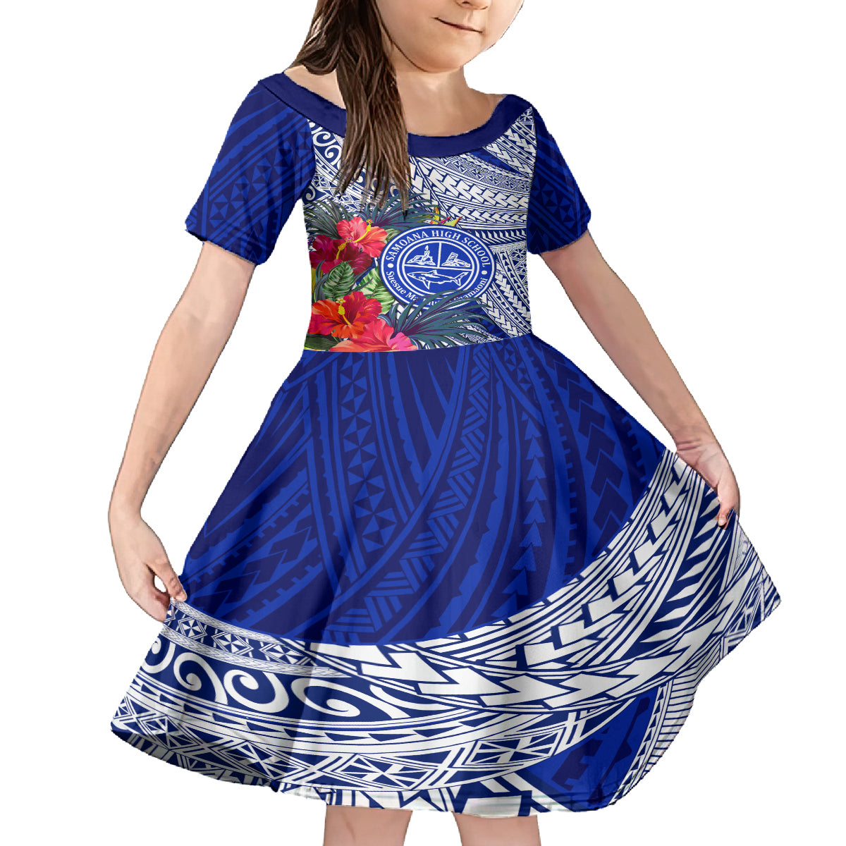 Personalised Samoana High School Family Matching Off Shoulder Maxi Dress and Hawaiian Shirt American Samoa Schools Polynesian Tropical Flowers LT14 Daughter's Dress Blue - Polynesian Pride
