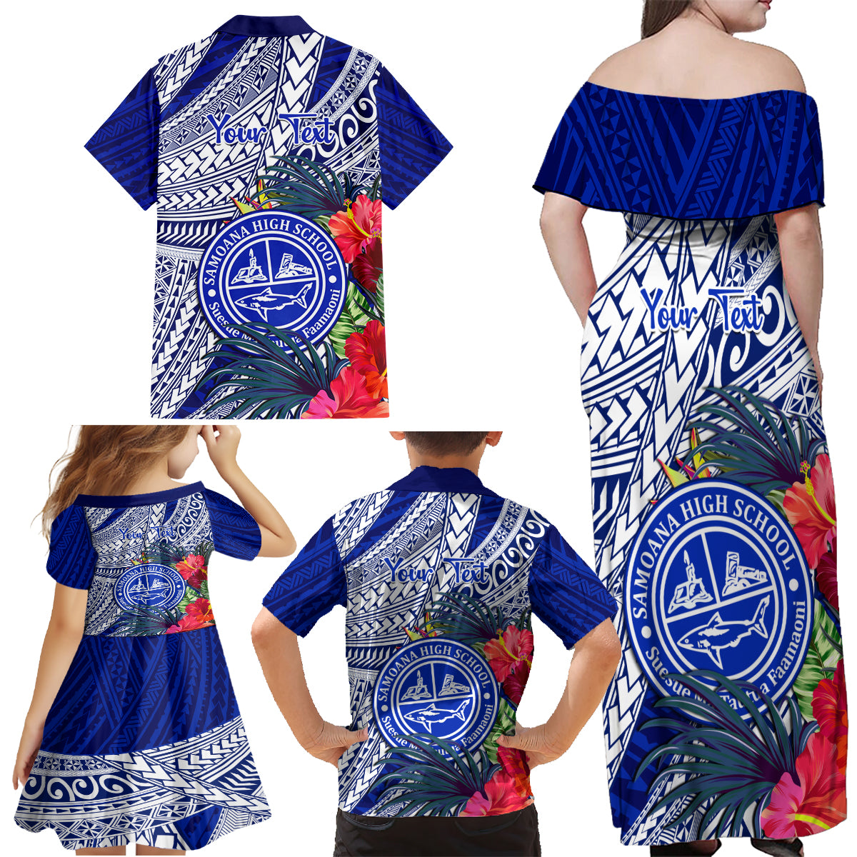 Personalised Samoana High School Family Matching Off Shoulder Maxi Dress and Hawaiian Shirt American Samoa Schools Polynesian Tropical Flowers LT14 - Polynesian Pride