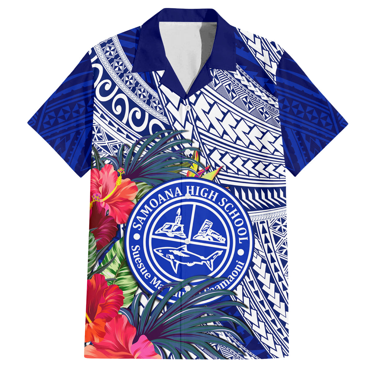 Personalised Samoana High School Family Matching Off Shoulder Maxi Dress and Hawaiian Shirt American Samoa Schools Polynesian Tropical Flowers LT14 Dad's Shirt - Short Sleeve Blue - Polynesian Pride