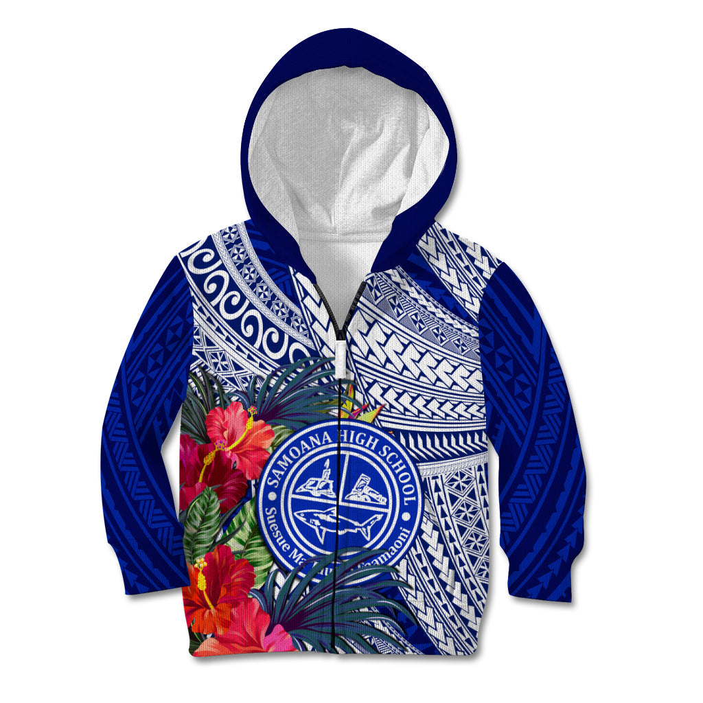 Personalised Samoana High School Kid Hoodie American Samoa Schools Polynesian Tropical Flowers LT14 Zip Hoodie Blue - Polynesian Pride