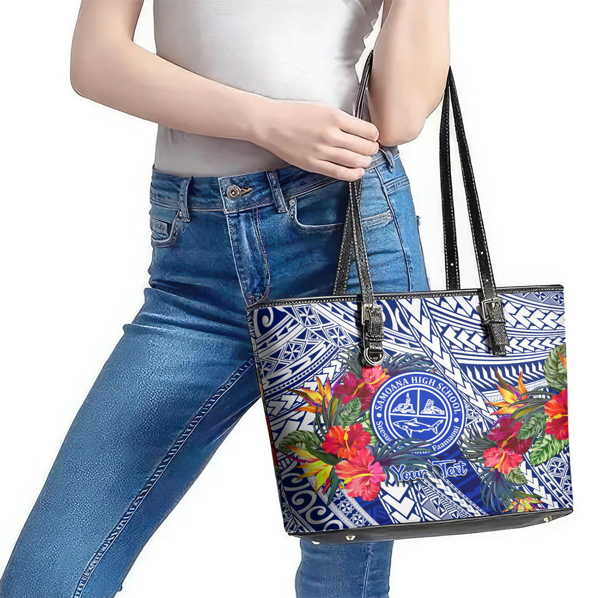 Personalised Samoana High School Leather Tote Bag American Samoa Schools Polynesian Tropical Flowers LT14 - Polynesian Pride