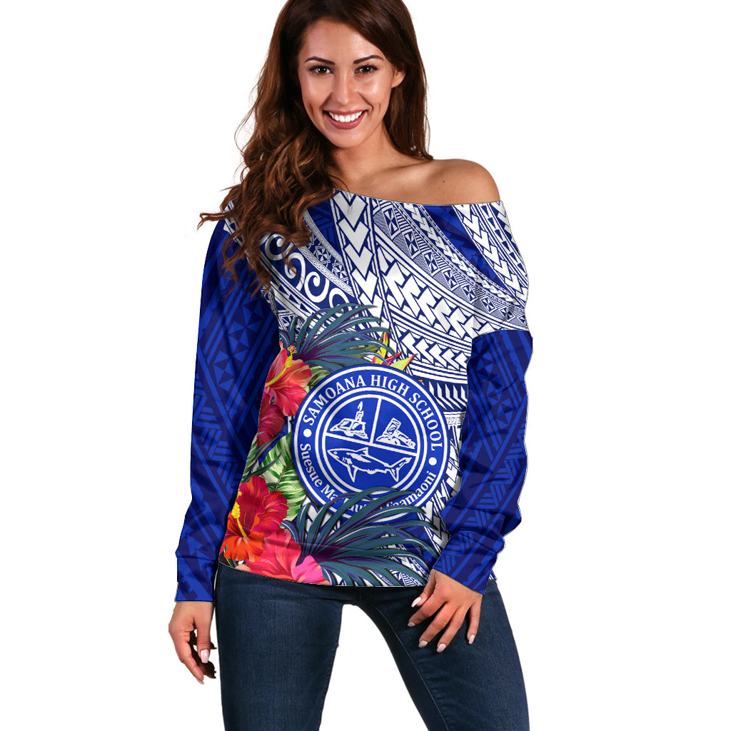 Personalised Samoana High School Off Shoulder Sweater American Samoa Schools Polynesian Tropical Flowers LT14 Women Blue - Polynesian Pride