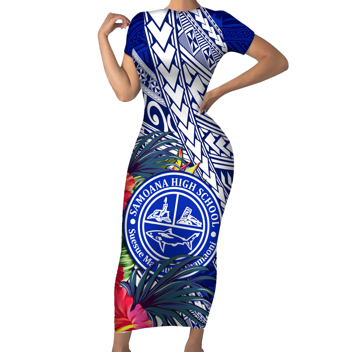 Personalised Samoana High School Short Sleeve Bodycon Dress American Samoa Schools Polynesian Tropical Flowers LT14 Long Dress Blue - Polynesian Pride