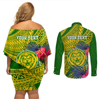 Personalised Leone High School Couples Matching Off Shoulder Short Dress and Long Sleeve Button Shirt American Samoa Schools Polynesian Tropical Flowers LT14 - Polynesian Pride