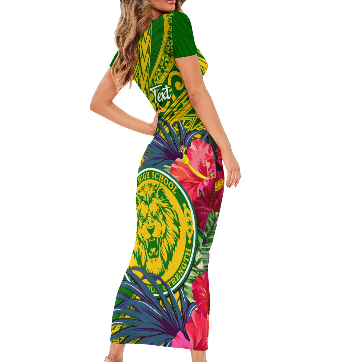 Personalised Leone High School Short Sleeve Bodycon Dress American Samoa Schools Polynesian Tropical Flowers LT14 - Polynesian Pride