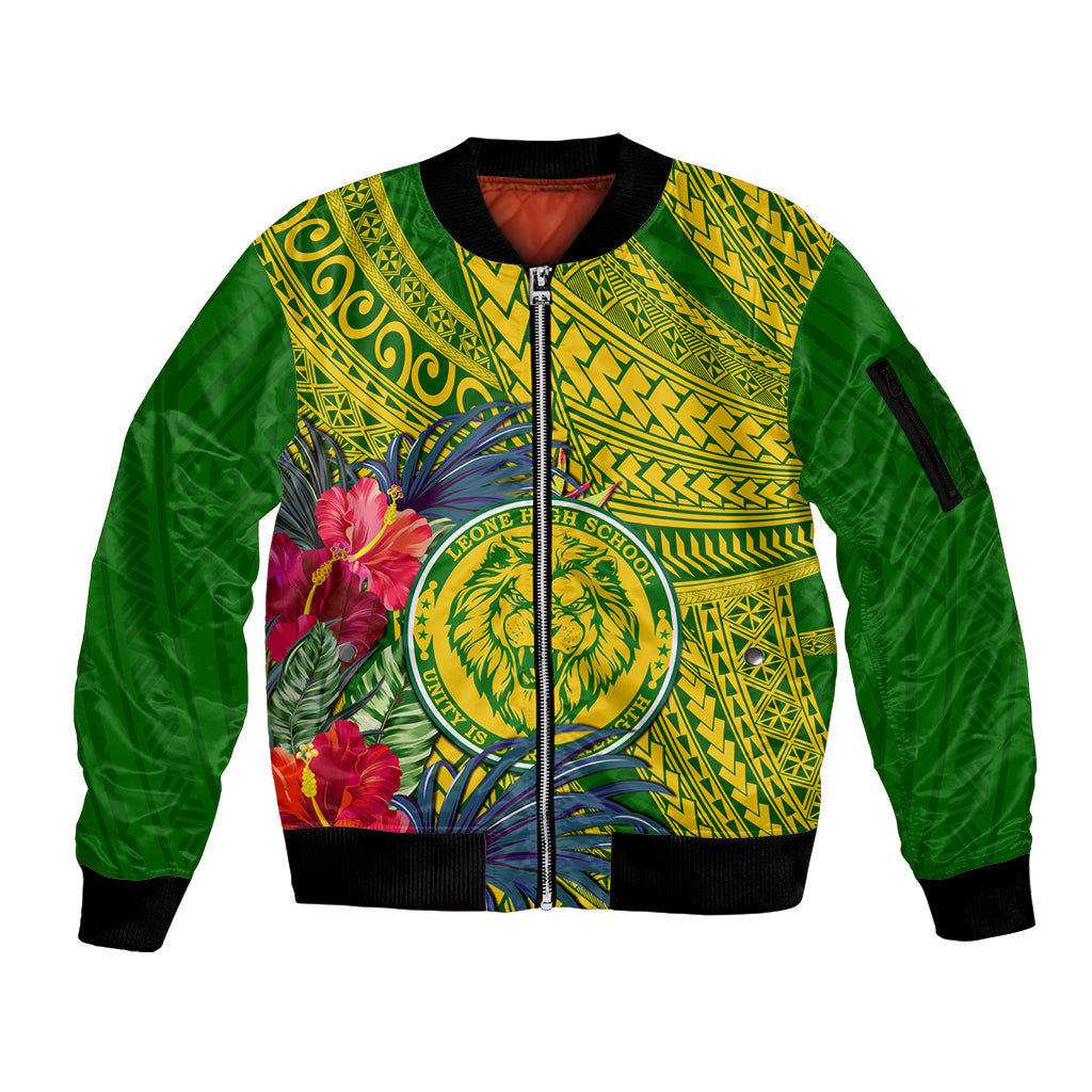Personalised Leone High School Sleeve Zip Bomber Jacket American Samoa Schools Polynesian Tropical Flowers LT14 Unisex Green - Polynesian Pride
