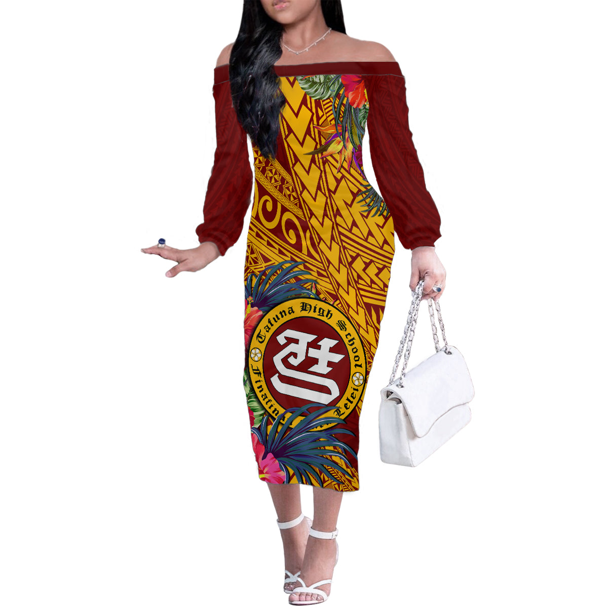 Personalised Tafuna High School Family Matching Off Shoulder Long Sleeve Dress and Hawaiian Shirt American Samoa Schools Polynesian Tropical Flowers LT14 Mom's Dress Maroon - Polynesian Pride