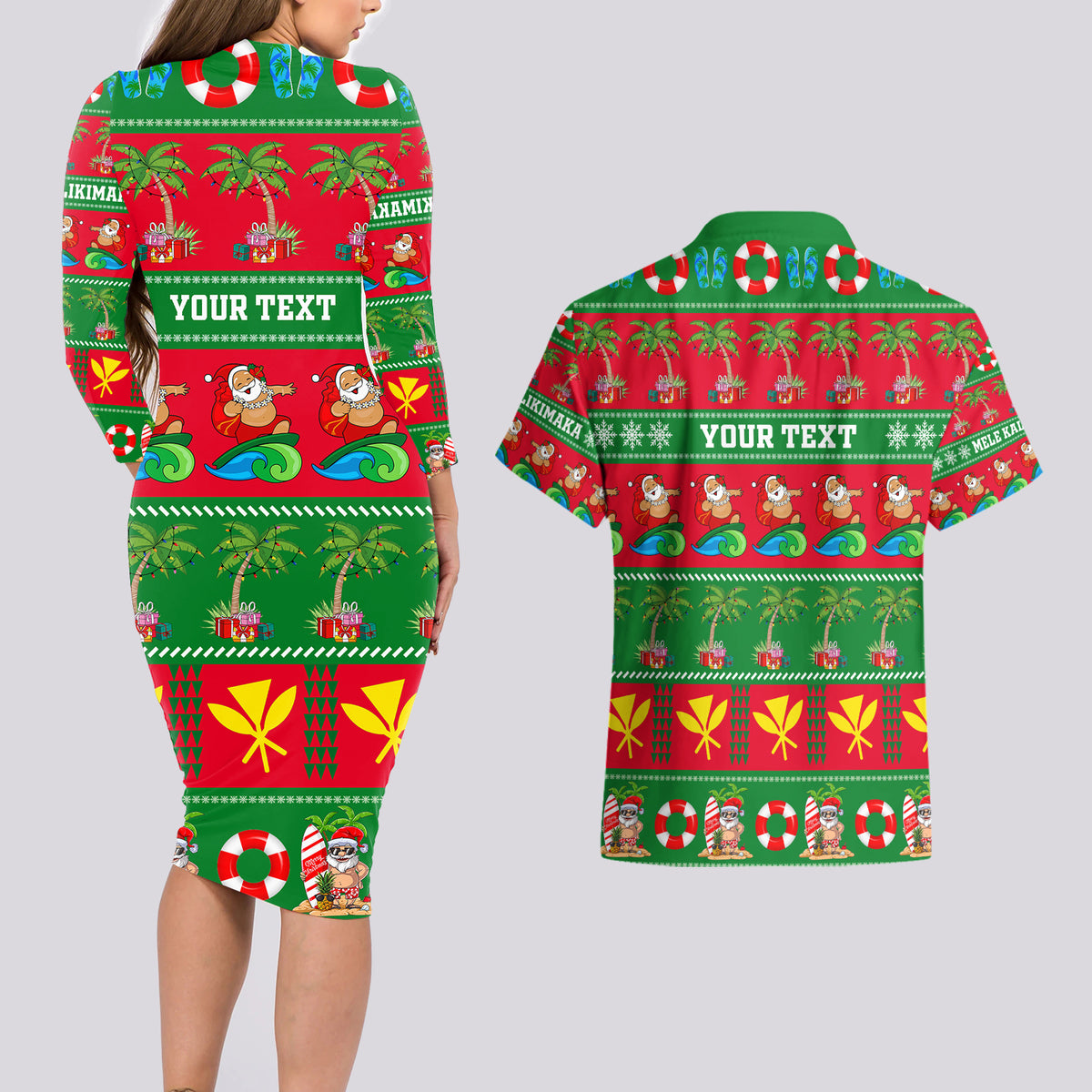 Personalised Hawaii Christmas Couples Matching Long Sleeve Bodycon Dress and Hawaiian Shirt Mele Kalikimaka LT14 - Polynesian Pride